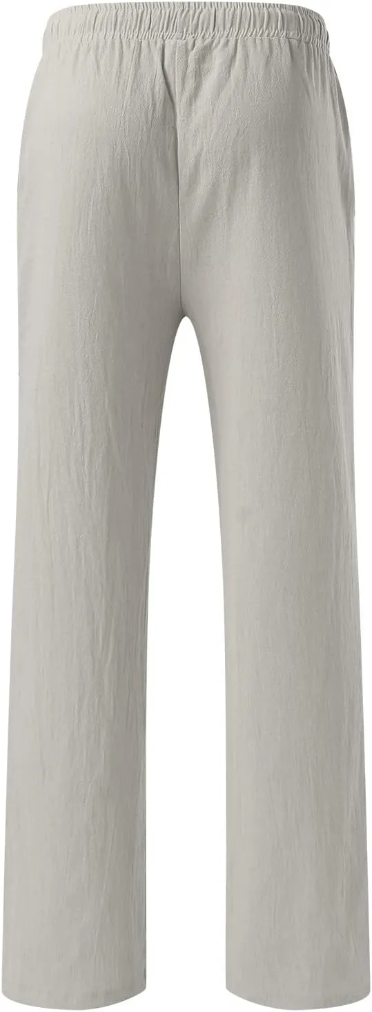 Men's Cotton Linen Loose Pants Casual Drawstring Elastic Waist Beach Trousers Solid Color Fashion Summer Trousers