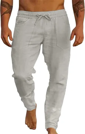 Men's Cotton Linen Loose Pants Casual Drawstring Elastic Waist Beach Trousers Solid Color Fashion Summer Trousers