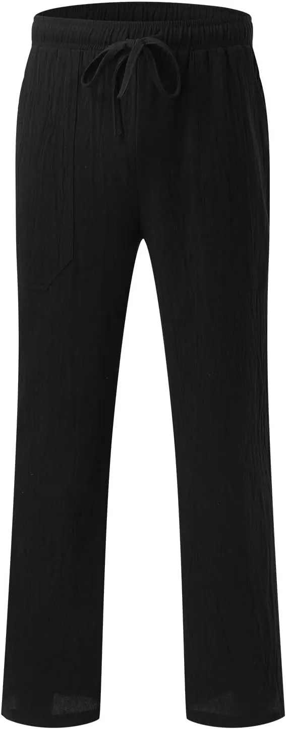Men's Cotton Linen Loose Pants Casual Drawstring Elastic Waist Beach Trousers Solid Color Fashion Summer Trousers