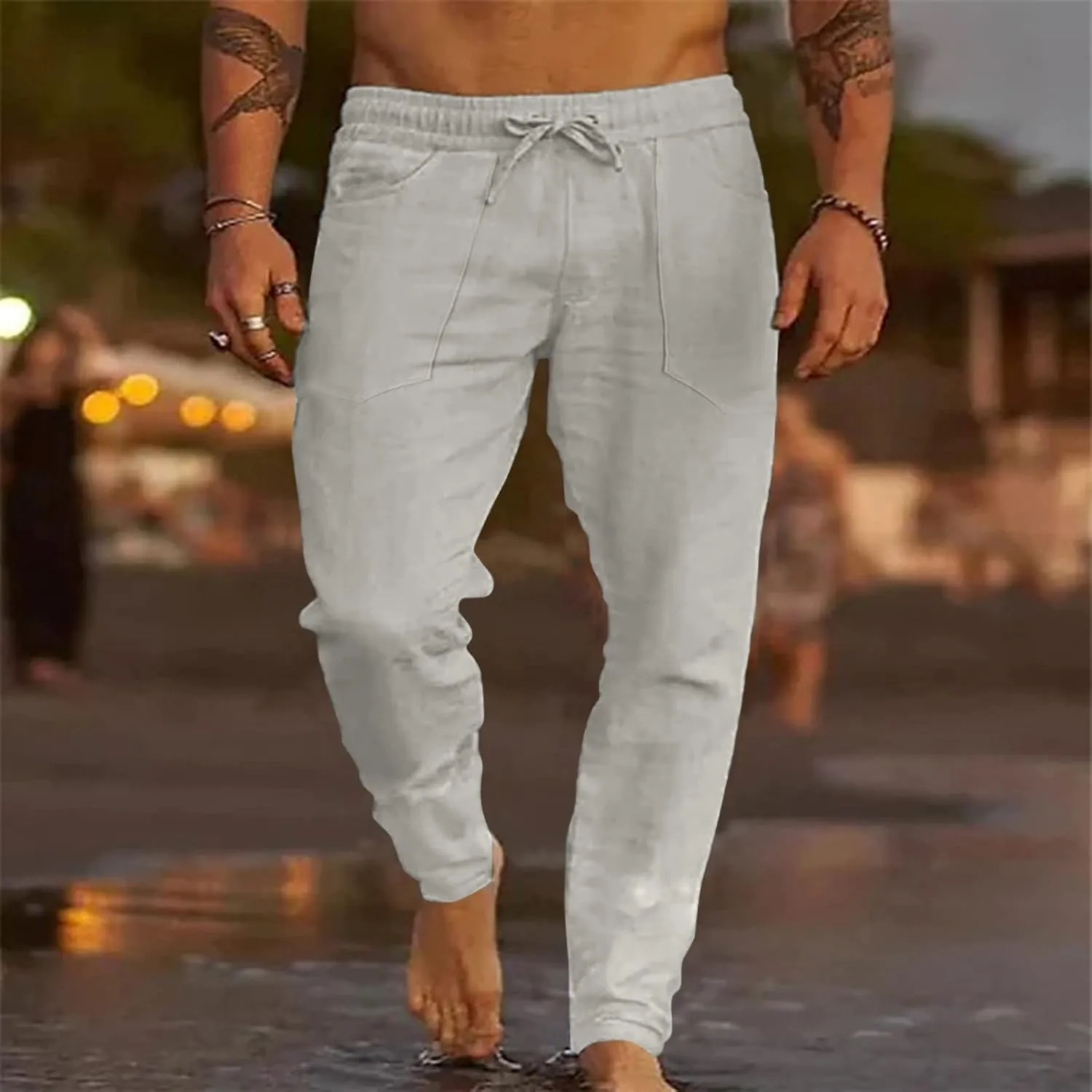 Men's Cotton Linen Loose Pants Casual Drawstring Elastic Waist Beach Trousers Solid Color Fashion Summer Trousers