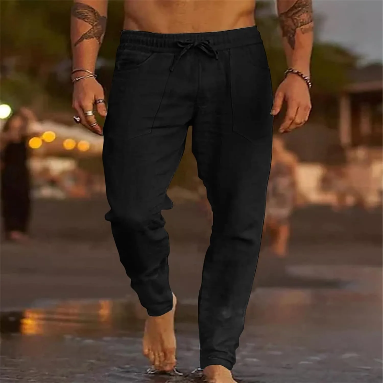 Men's Cotton Linen Loose Pants Casual Drawstring Elastic Waist Beach Trousers Solid Color Fashion Summer Trousers
