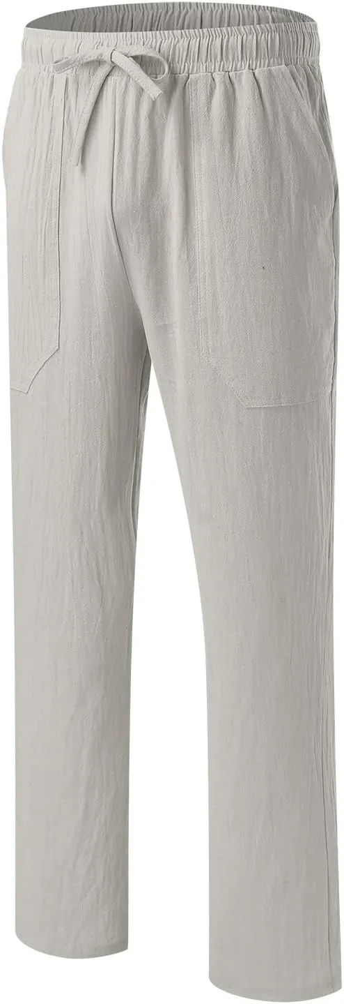 Men's Cotton Linen Loose Pants Casual Drawstring Elastic Waist Beach Trousers Solid Color Fashion Summer Trousers