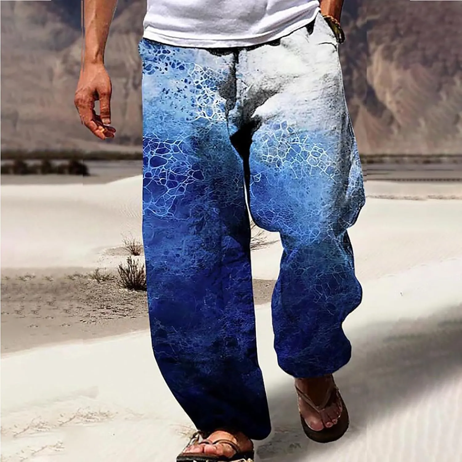 Mens Cotton Linen Printed Pants Straight Leg Loose Fit Outdoor Lounge Trousers for Men Drawstrings Summer Casual Beach Pant