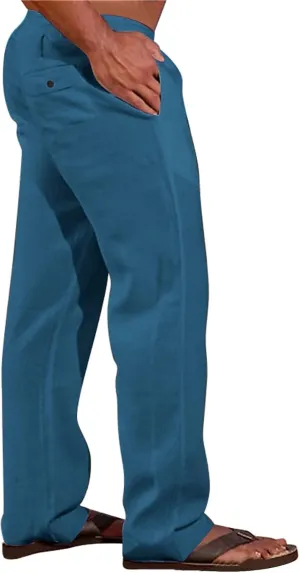 Mens Cotton Linen Slim Fit Pants Lightweight Drawstrings Summer Beach Trousers Breathable Casual Multi Pockets Yoga Pants