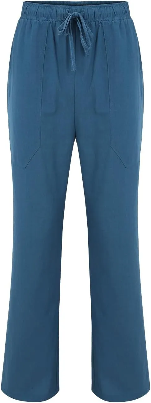 Mens Cotton Linen Slim Fit Pants Lightweight Drawstrings Summer Beach Trousers Breathable Casual Multi Pockets Yoga Pants