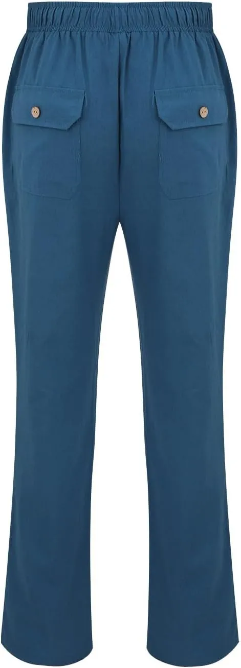 Mens Cotton Linen Slim Fit Pants Lightweight Drawstrings Summer Beach Trousers Breathable Casual Multi Pockets Yoga Pants
