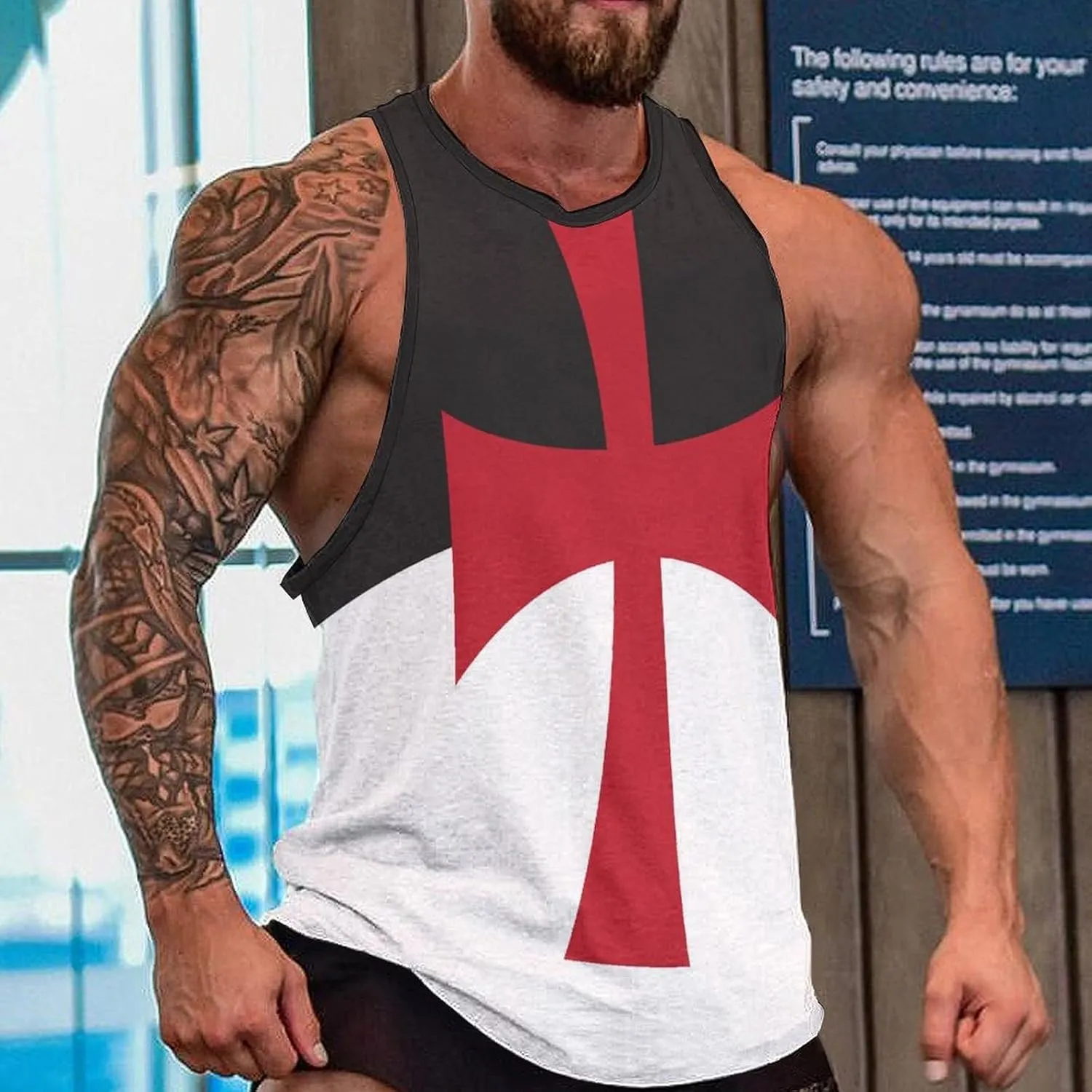 Men's Crusaders Knights Templar Flag Workout Tank Top Gym Muscle Quick Dry Tee Fitness Sleeveless T Shirt