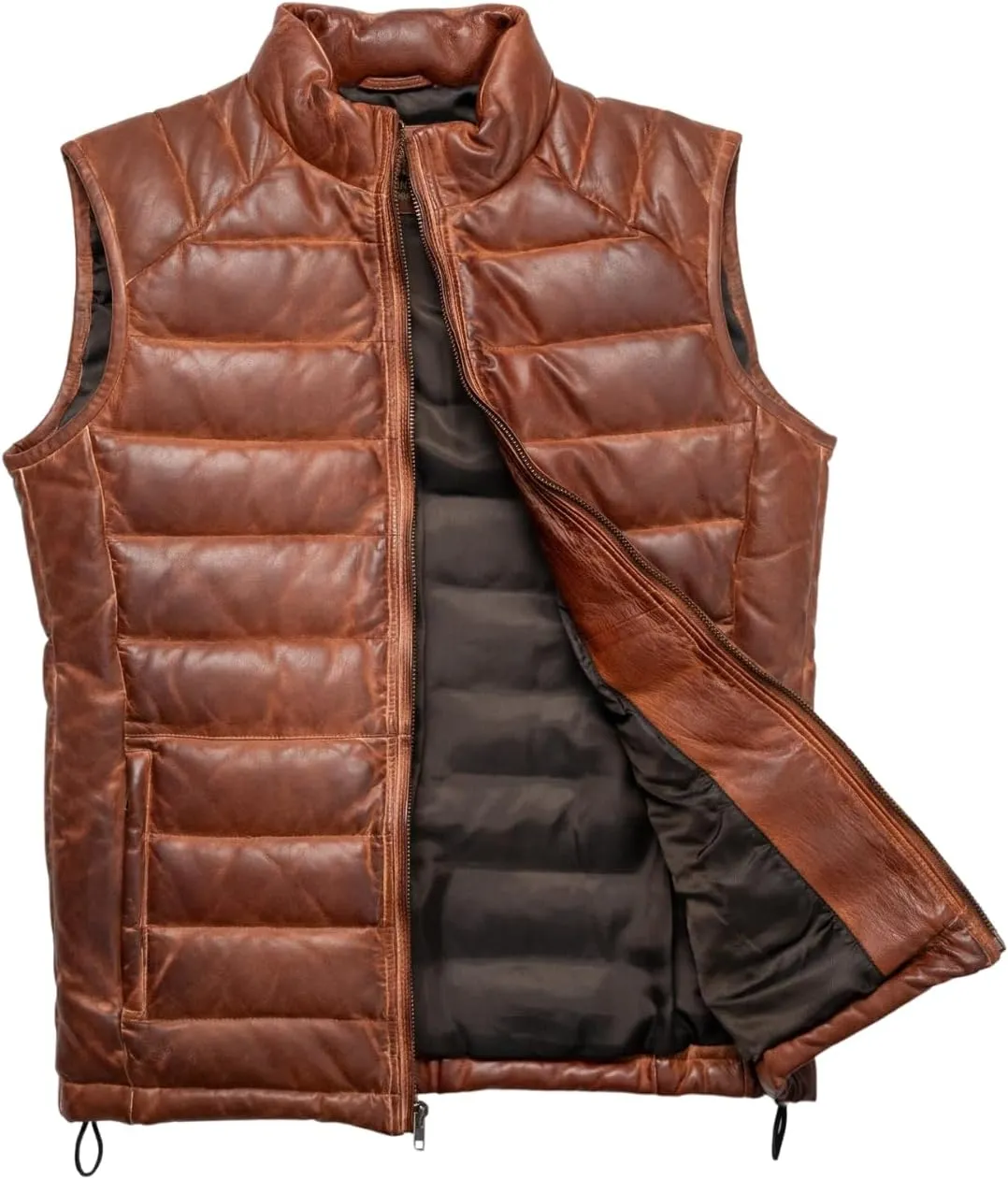 Mens Down Puffer Vest real lambskin leather Waistcoat Quilted Goosy Down Bubble Jacket