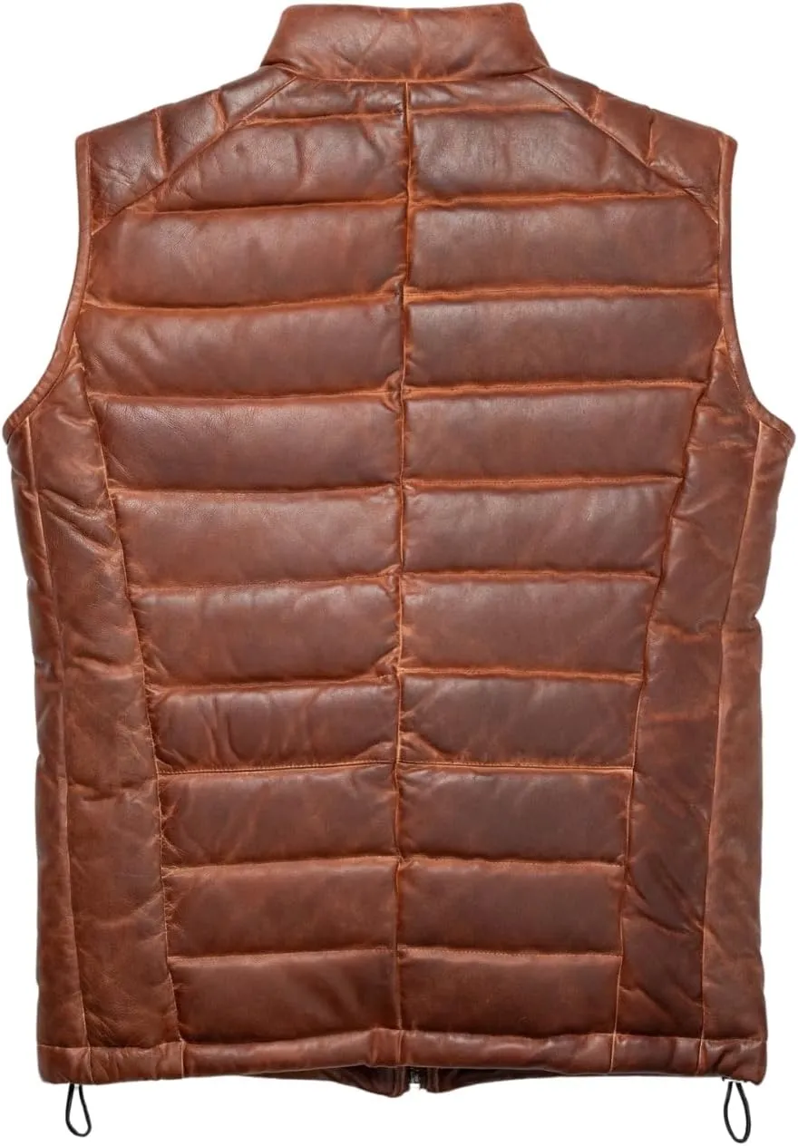 Mens Down Puffer Vest real lambskin leather Waistcoat Quilted Goosy Down Bubble Jacket