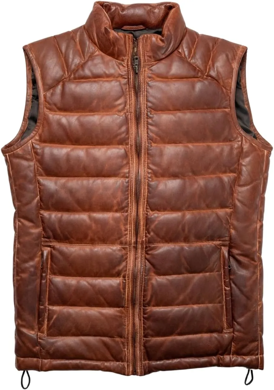 Mens Down Puffer Vest real lambskin leather Waistcoat Quilted Goosy Down Bubble Jacket