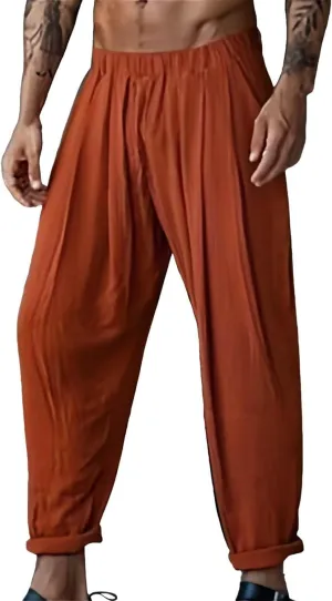 Mens Elastic High Waisted Trousers Cotton and Linen Lightweight Baggy Flowy Tapered Pants Combat Casual Yoga Dancing Capris