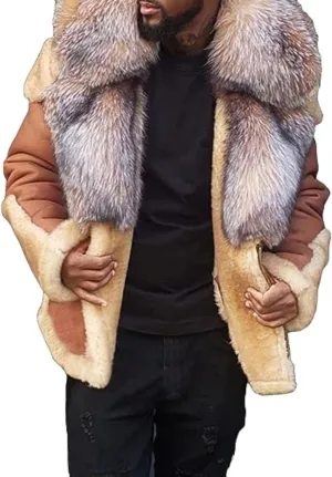 Men's Fox Fur Faux Coat Male Winter Faux Fur Collar Outwear Men Sherpa Lined Faux Leather Jacket