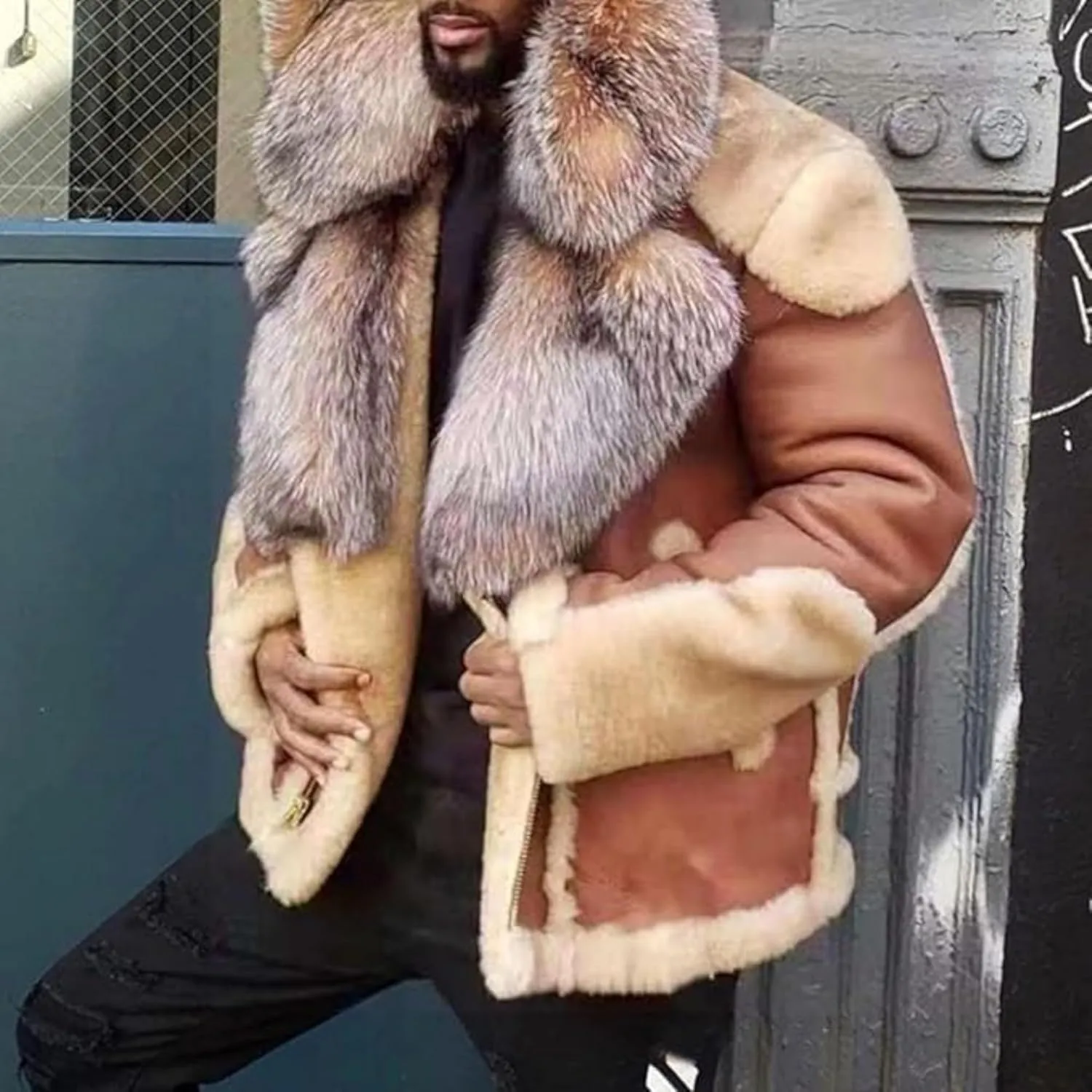 Men's Fox Fur Faux Coat Male Winter Faux Fur Collar Outwear Men Sherpa Lined Faux Leather Jacket