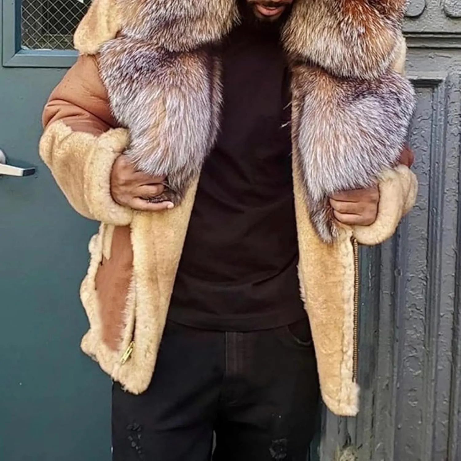 Men's Fox Fur Faux Coat Male Winter Faux Fur Collar Outwear Men Sherpa Lined Faux Leather Jacket