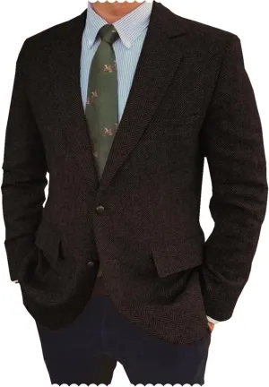 Men's Herringbone Blazer Jacket Slim Fit Notch Lapel Wool Blend Sports Coat