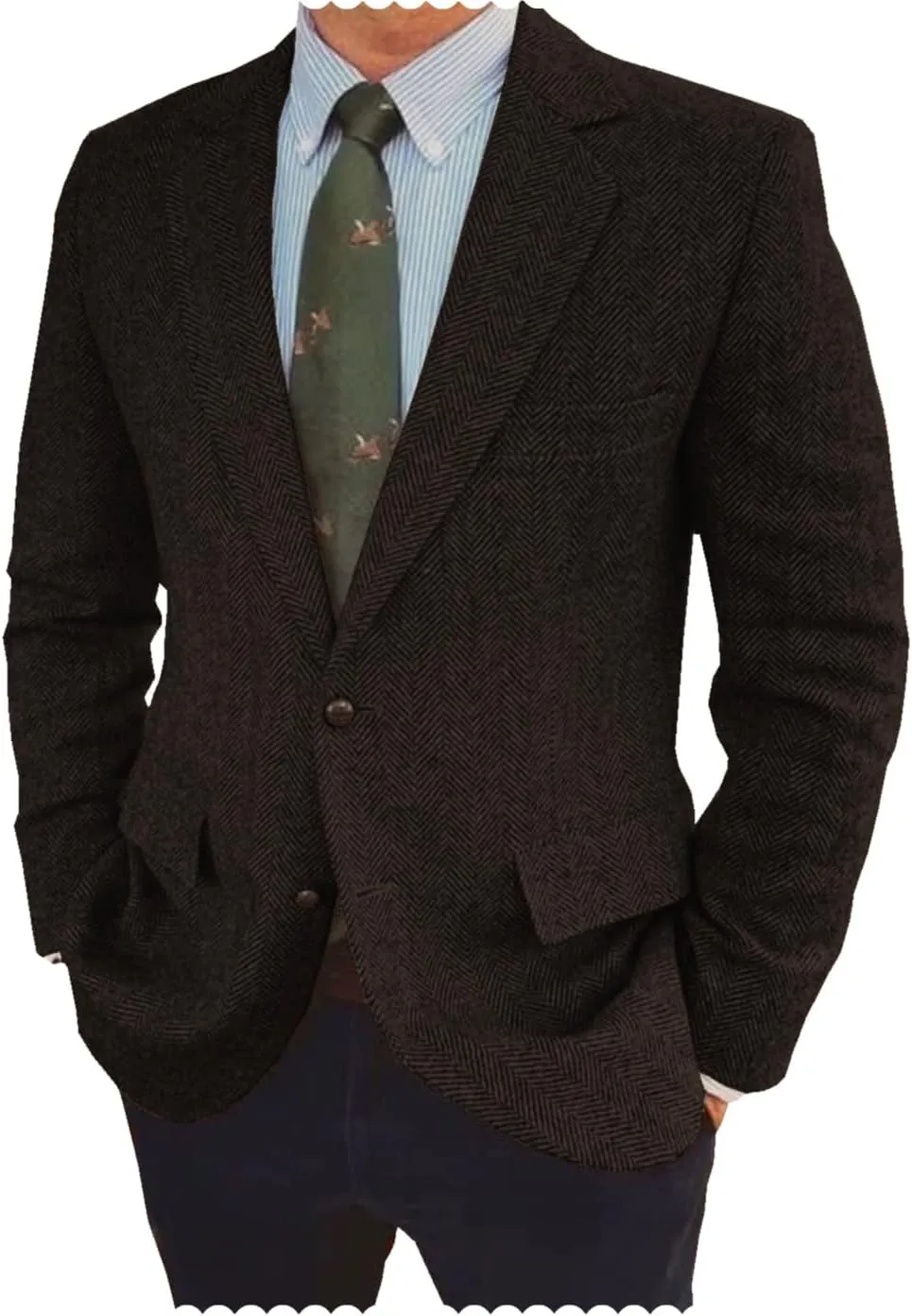 Men's Herringbone Blazer Jacket Slim Fit Notch Lapel Wool Blend Sports Coat