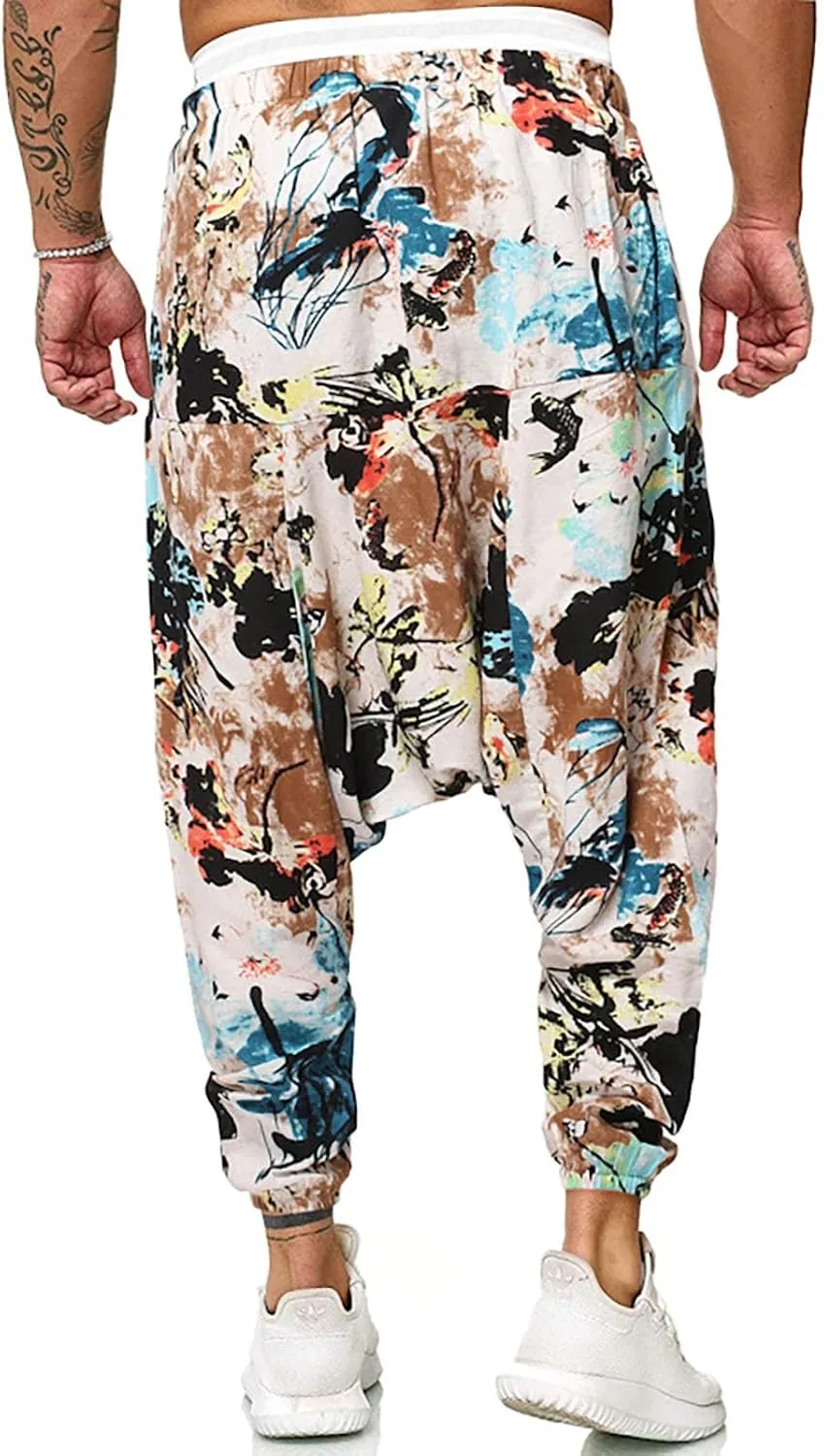 Mens Hippie Wide Leg Loose Baggy Harem Pants with Pockets Summer Beach Yoga Pants Elastic Waist Capri Drop Crotch Trousers