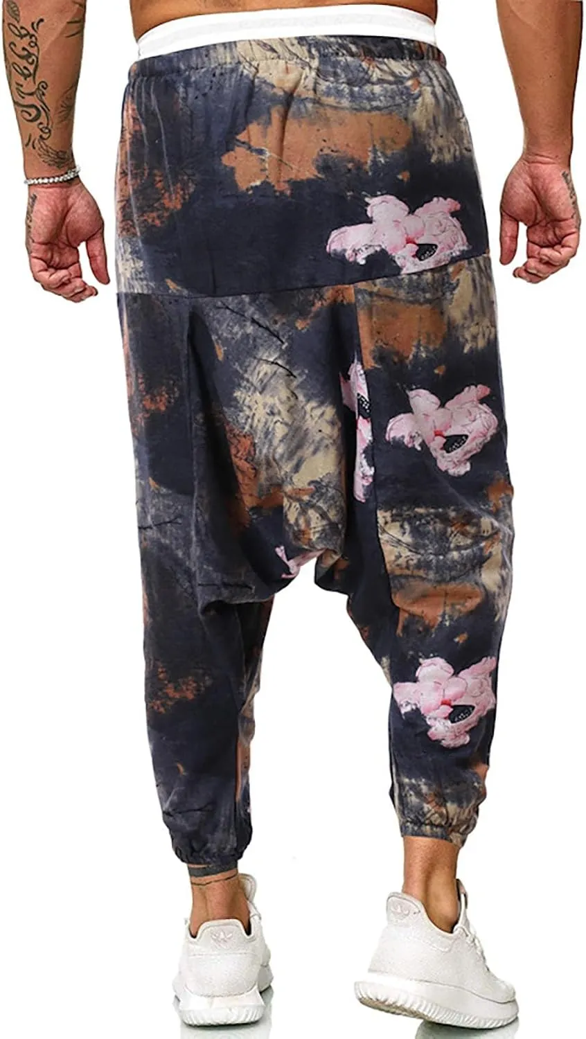 Mens Hippie Wide Leg Loose Baggy Harem Pants with Pockets Summer Beach Yoga Pants Elastic Waist Capri Drop Crotch Trousers