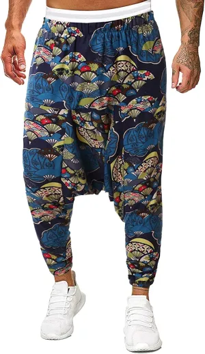 Mens Hippie Wide Leg Loose Baggy Harem Pants with Pockets Summer Beach Yoga Pants Elastic Waist Capri Drop Crotch Trousers