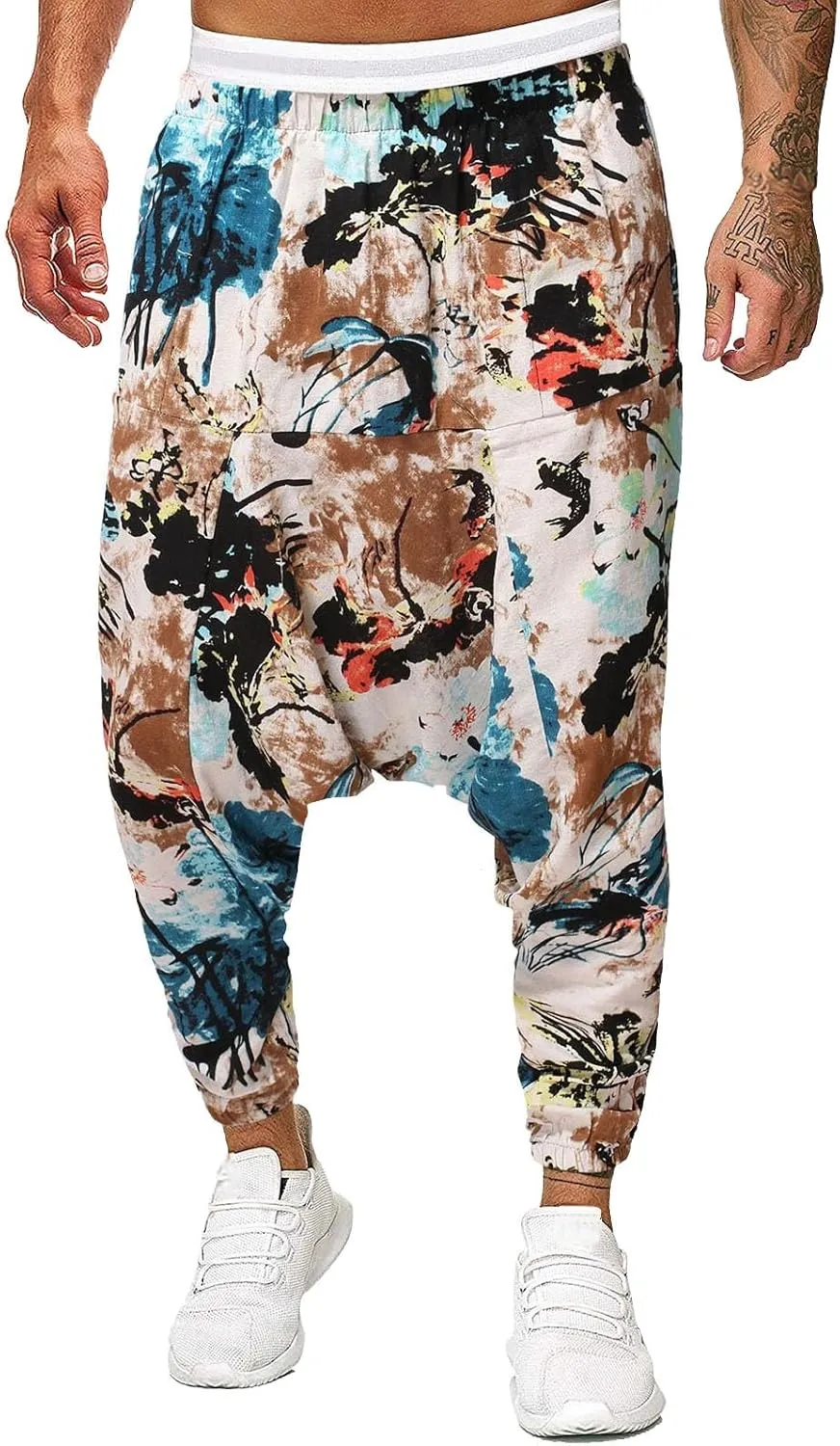 Mens Hippie Wide Leg Loose Baggy Harem Pants with Pockets Summer Beach Yoga Pants Elastic Waist Capri Drop Crotch Trousers