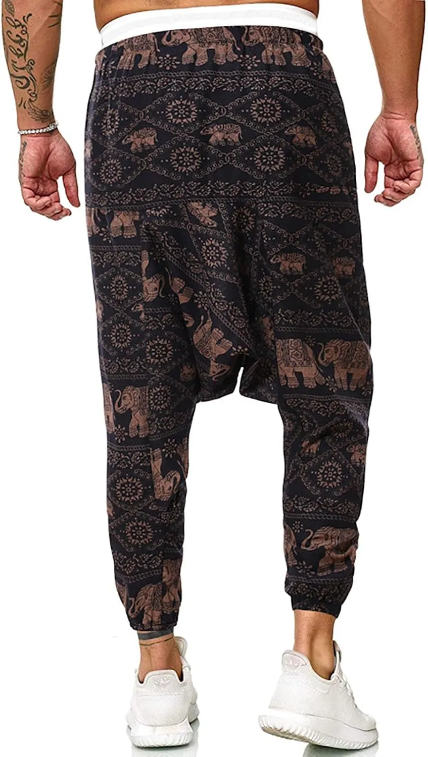 Mens Hippie Wide Leg Loose Baggy Harem Pants with Pockets Summer Beach Yoga Pants Elastic Waist Capri Drop Crotch Trousers