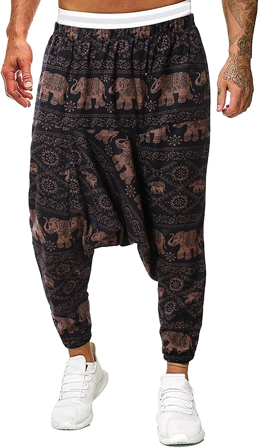 Mens Hippie Wide Leg Loose Baggy Harem Pants with Pockets Summer Beach Yoga Pants Elastic Waist Capri Drop Crotch Trousers