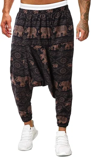 Mens Hippie Wide Leg Loose Baggy Harem Pants with Pockets Summer Beach Yoga Pants Elastic Waist Capri Drop Crotch Trousers