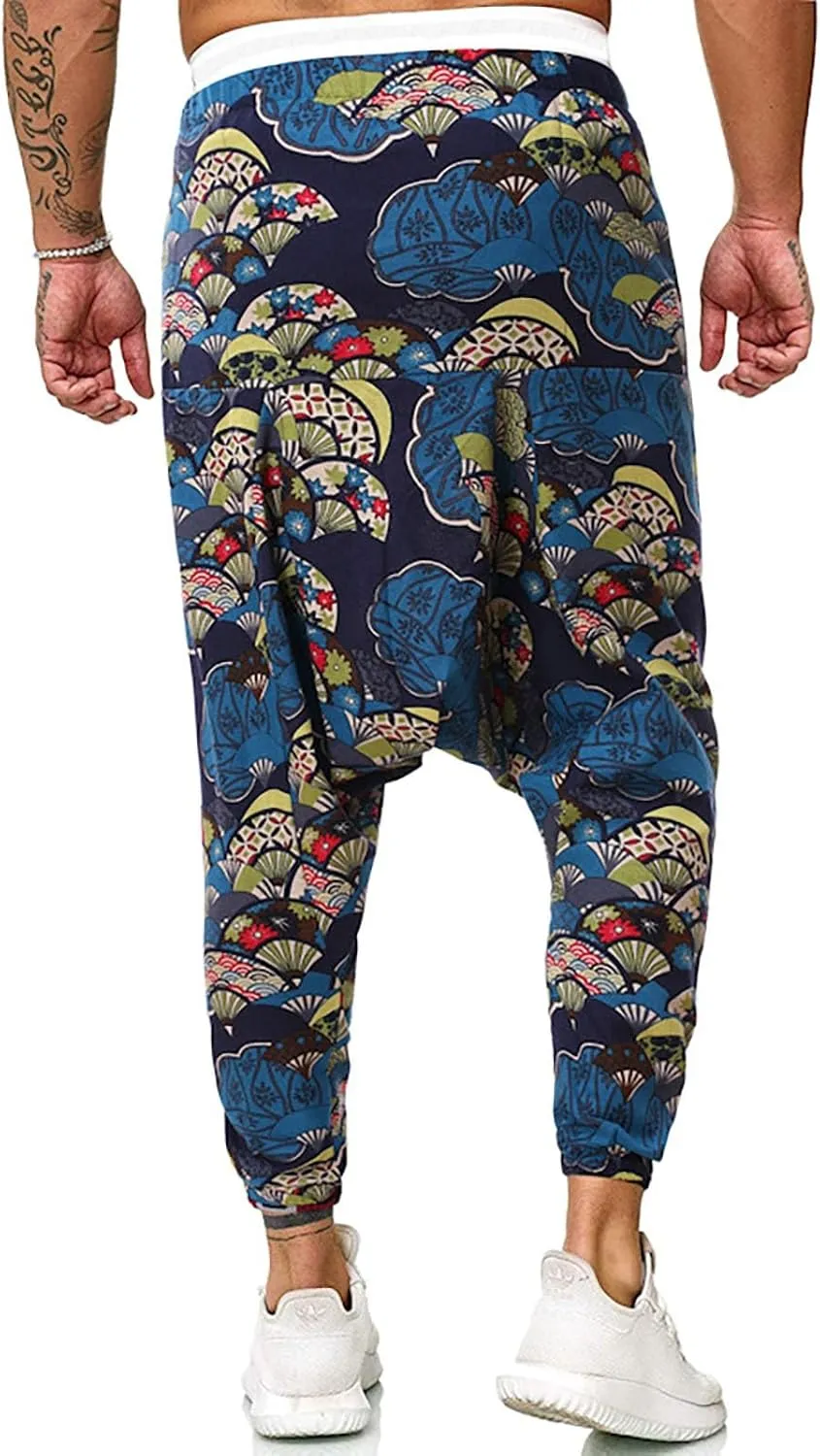 Mens Hippie Wide Leg Loose Baggy Harem Pants with Pockets Summer Beach Yoga Pants Elastic Waist Capri Drop Crotch Trousers