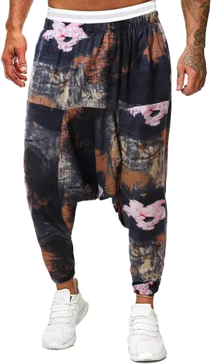 Mens Hippie Wide Leg Loose Baggy Harem Pants with Pockets Summer Beach Yoga Pants Elastic Waist Capri Drop Crotch Trousers