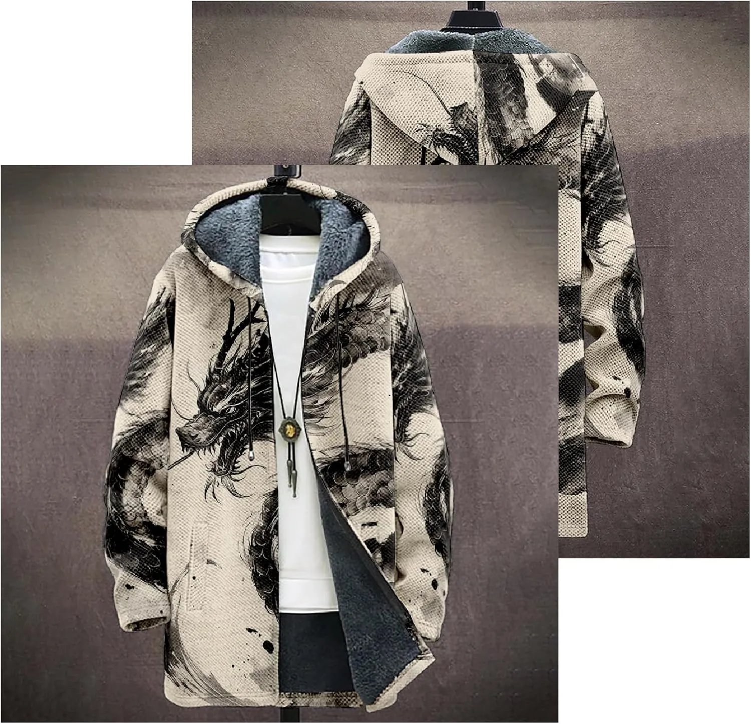 Mens Hooded Cardigan Sweater Japanese Art Zip Up Vintage Long Sleeve Casual Hoodie Dragon Print Coat with Pockets