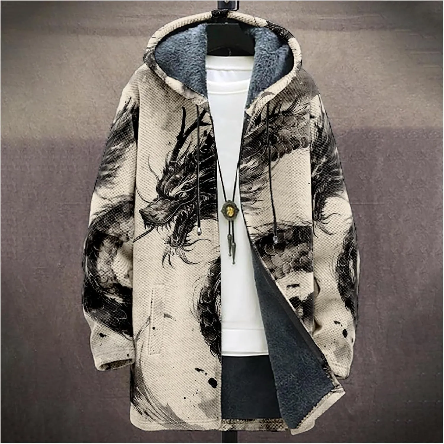 Mens Hooded Cardigan Sweater Japanese Art Zip Up Vintage Long Sleeve Casual Hoodie Dragon Print Coat with Pockets