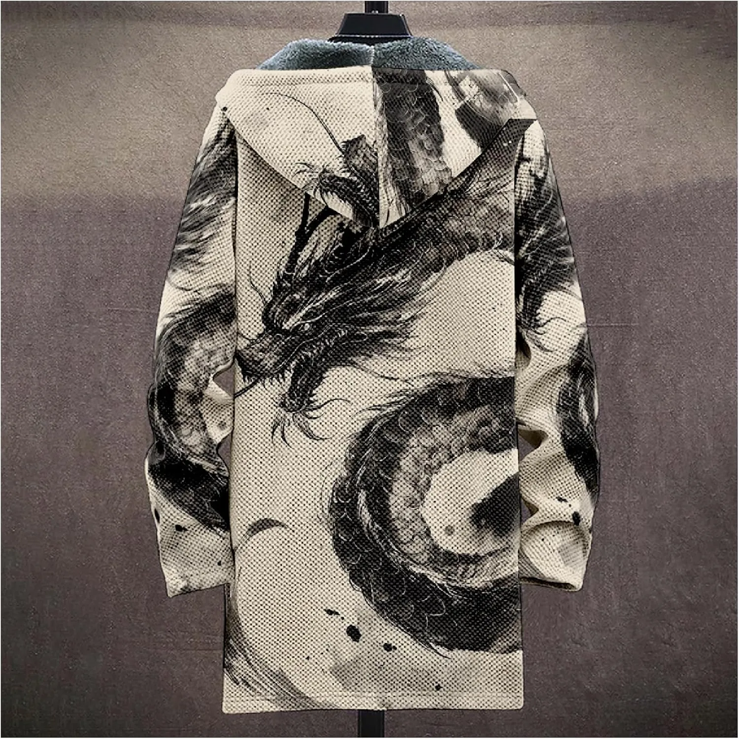 Mens Hooded Cardigan Sweater Japanese Art Zip Up Vintage Long Sleeve Casual Hoodie Dragon Print Coat with Pockets
