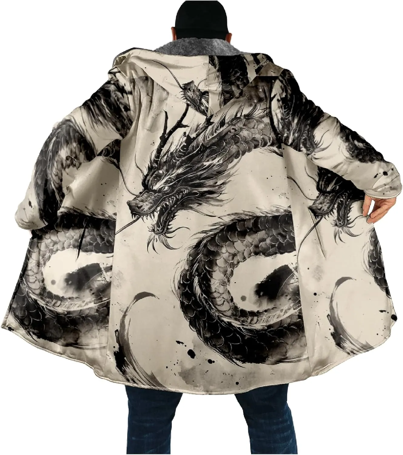 Mens Hooded Cardigan Sweater Japanese Art Zip Up Vintage Long Sleeve Casual Hoodie Dragon Print Coat with Pockets