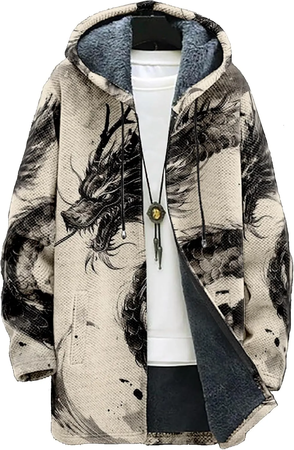 Mens Hooded Cardigan Sweater Japanese Art Zip Up Vintage Long Sleeve Casual Hoodie Dragon Print Coat with Pockets