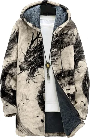 Mens Hooded Cardigan Sweater Japanese Art Zip Up Vintage Long Sleeve Casual Hoodie Dragon Print Coat with Pockets