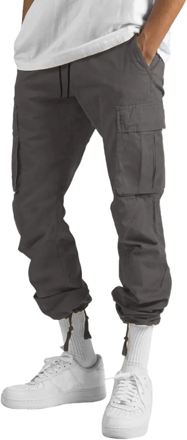 Men's Lightweight Fleece Cargo Sweatpants Baggy Elastic Waist Drawstring Pants Pockets Running Joggers Trousers