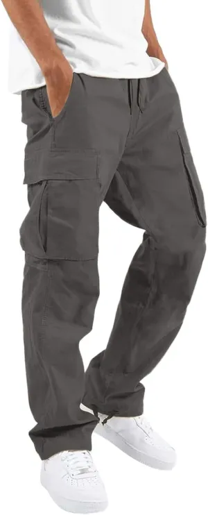 Men's Lightweight Fleece Cargo Sweatpants Baggy Elastic Waist Drawstring Pants Pockets Running Joggers Trousers