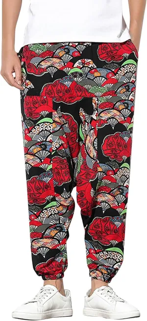 Mens Linen Cotton Chinese Dragon Pattern Harem Pants Big and Tall Elastic Waist Wide Leg Trousers Drop Crotch Hippie Pants