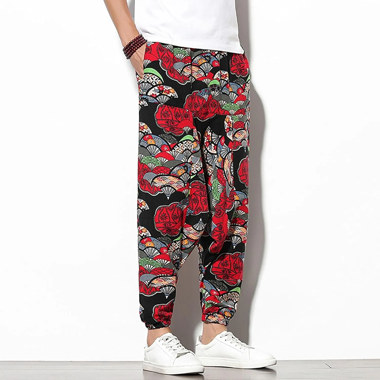 Mens Linen Cotton Chinese Dragon Pattern Harem Pants Big and Tall Elastic Waist Wide Leg Trousers Drop Crotch Hippie Pants