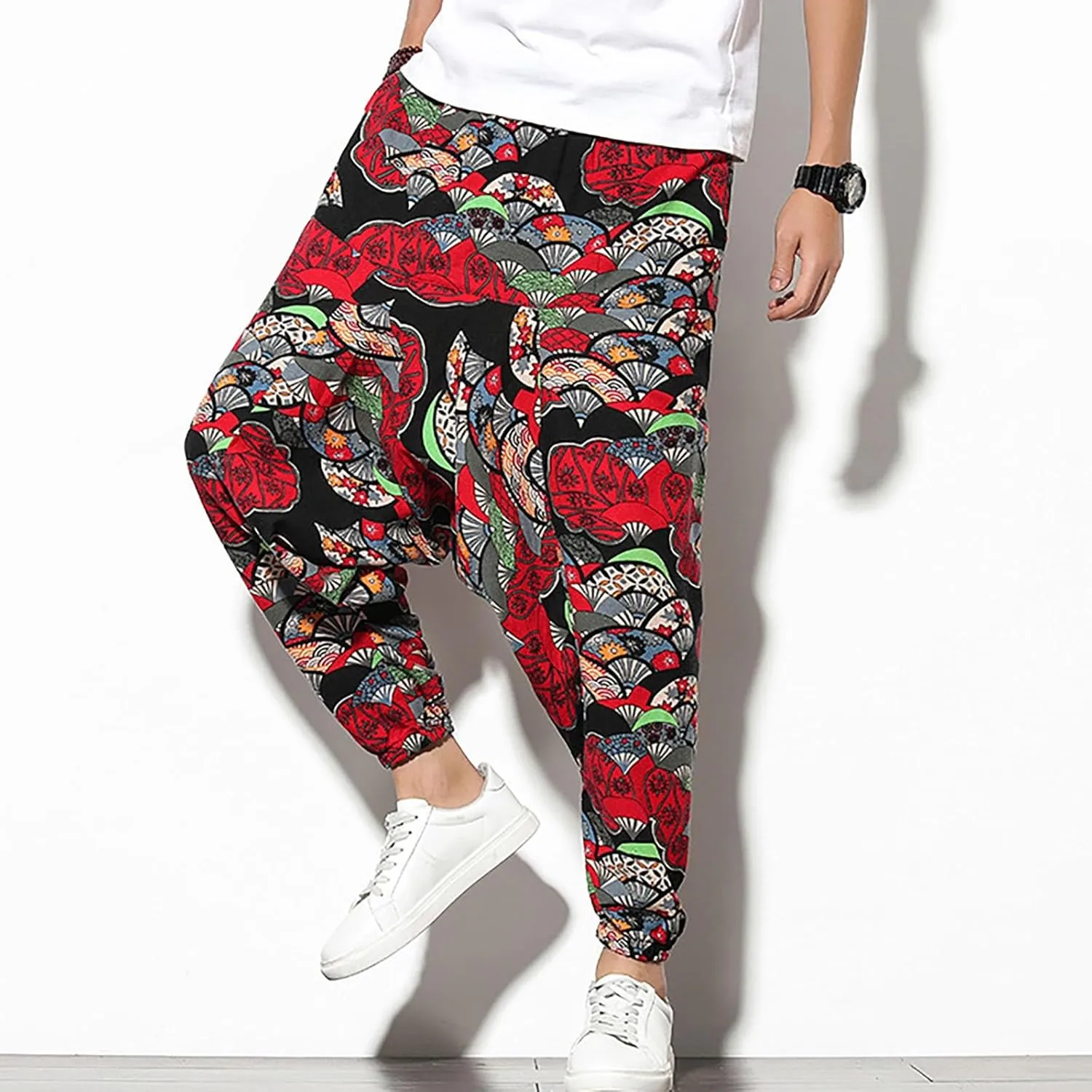 Mens Linen Cotton Chinese Dragon Pattern Harem Pants Big and Tall Elastic Waist Wide Leg Trousers Drop Crotch Hippie Pants