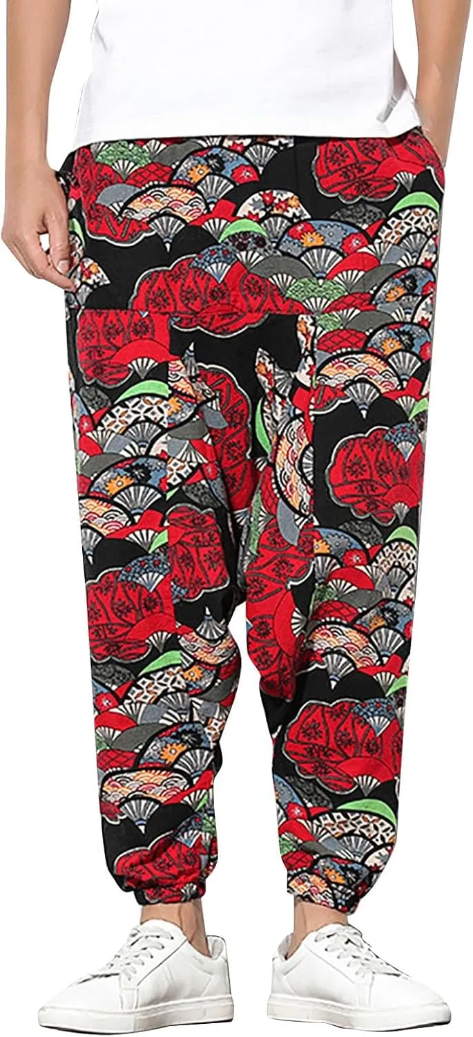 Mens Linen Cotton Chinese Dragon Pattern Harem Pants Big and Tall Elastic Waist Wide Leg Trousers Drop Crotch Hippie Pants