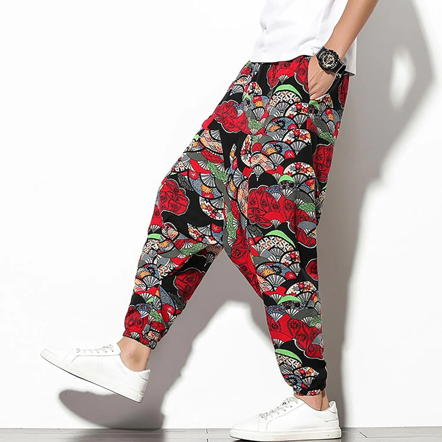 Mens Linen Cotton Chinese Dragon Pattern Harem Pants Big and Tall Elastic Waist Wide Leg Trousers Drop Crotch Hippie Pants