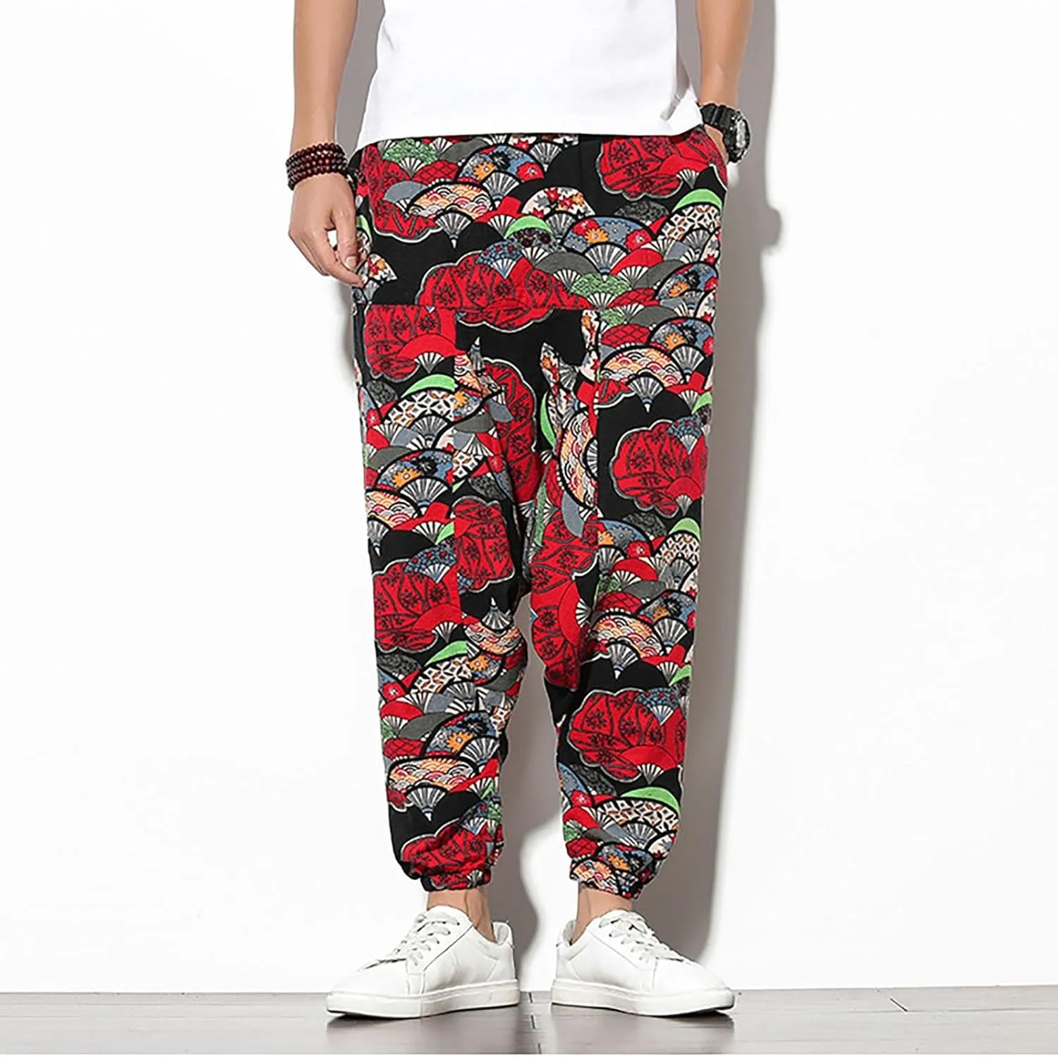 Mens Linen Cotton Chinese Dragon Pattern Harem Pants Big and Tall Elastic Waist Wide Leg Trousers Drop Crotch Hippie Pants