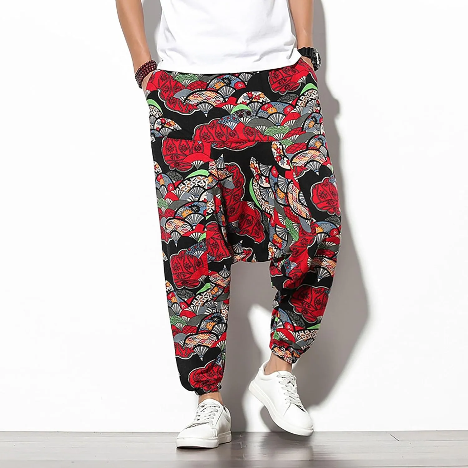 Mens Linen Cotton Chinese Dragon Pattern Harem Pants Big and Tall Elastic Waist Wide Leg Trousers Drop Crotch Hippie Pants