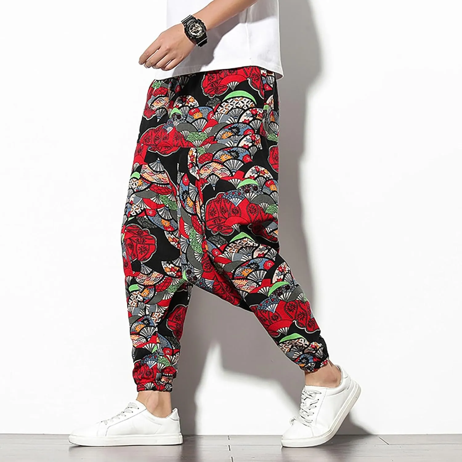 Mens Linen Cotton Chinese Dragon Pattern Harem Pants Big and Tall Elastic Waist Wide Leg Trousers Drop Crotch Hippie Pants