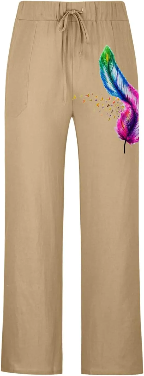 Mens Linen Printed Pants Elastic Waist Drawstring Lightweight Trouser Casual Yoga Summer Beach Pant with Pockets