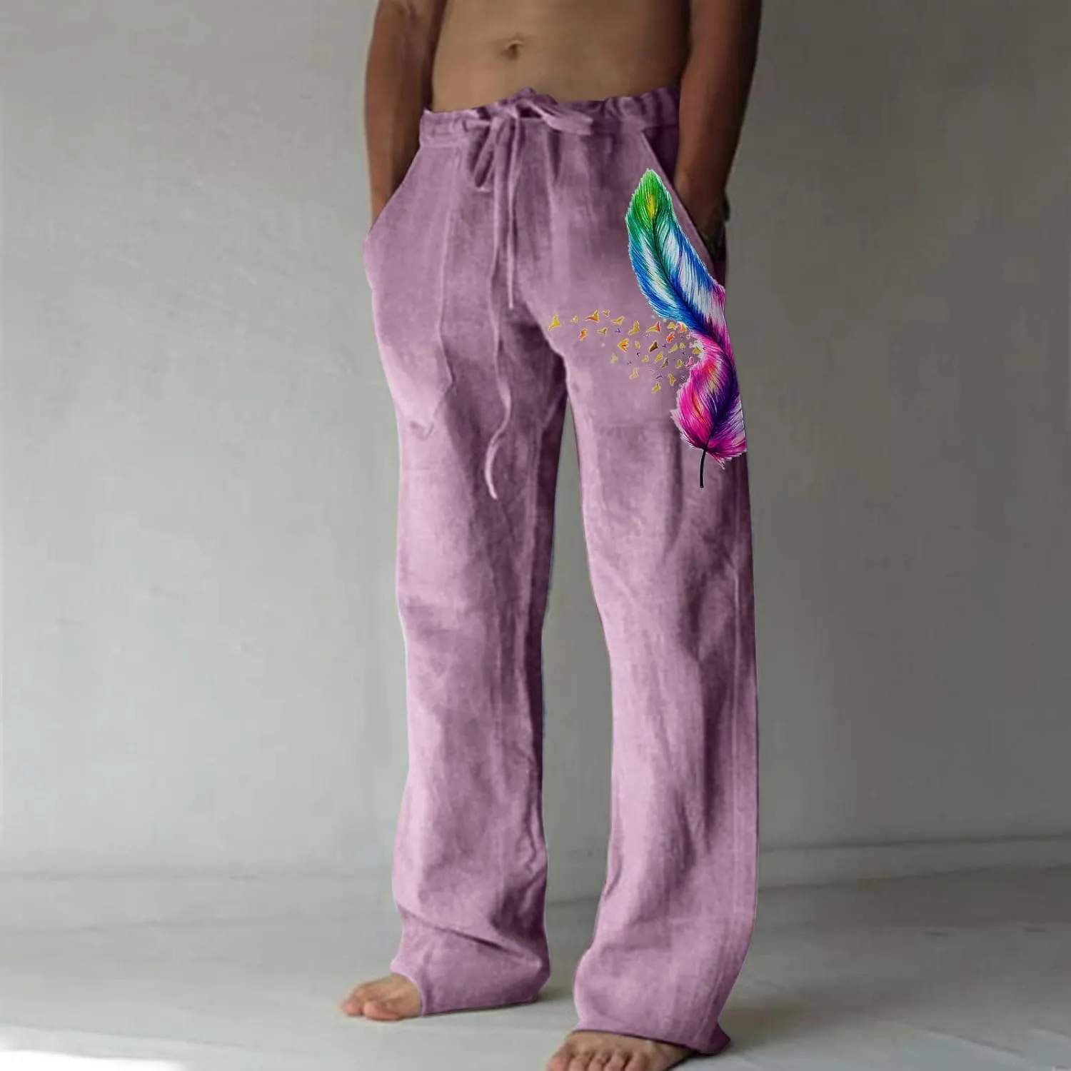 Mens Linen Printed Pants Elastic Waist Drawstring Lightweight Trouser Casual Yoga Summer Beach Pant with Pockets