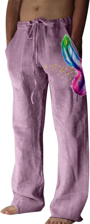 Mens Linen Printed Pants Elastic Waist Drawstring Lightweight Trouser Casual Yoga Summer Beach Pant with Pockets