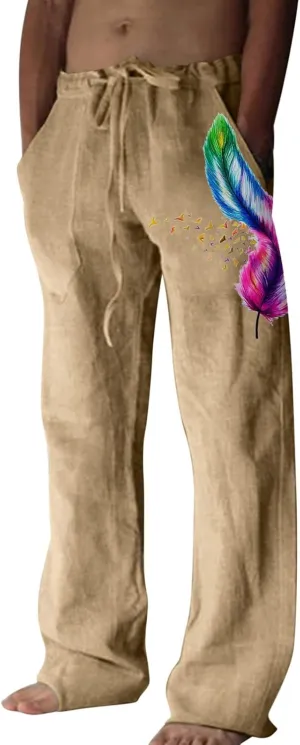 Mens Linen Printed Pants Elastic Waist Drawstring Lightweight Trouser Casual Yoga Summer Beach Pant with Pockets
