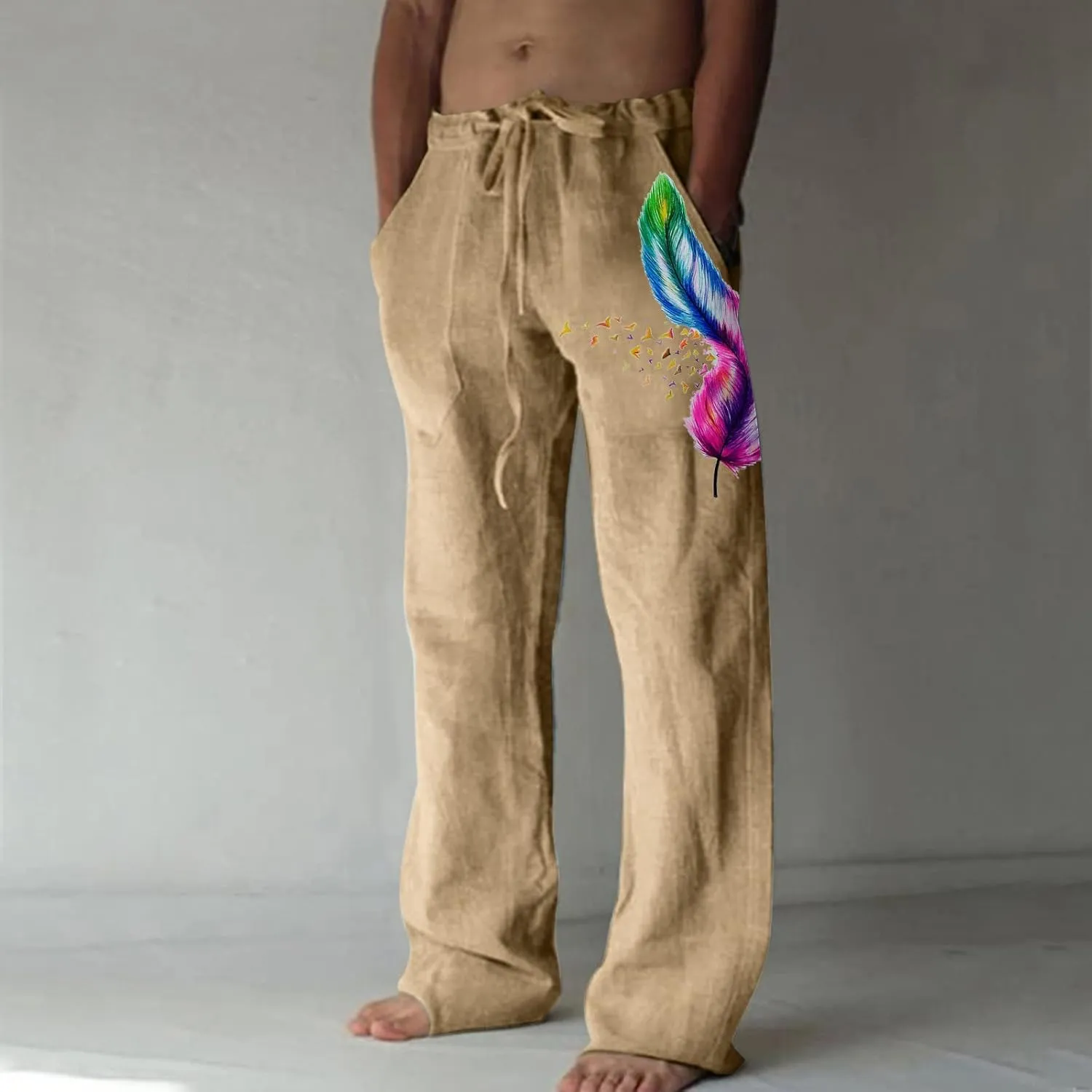Mens Linen Printed Pants Elastic Waist Drawstring Lightweight Trouser Casual Yoga Summer Beach Pant with Pockets
